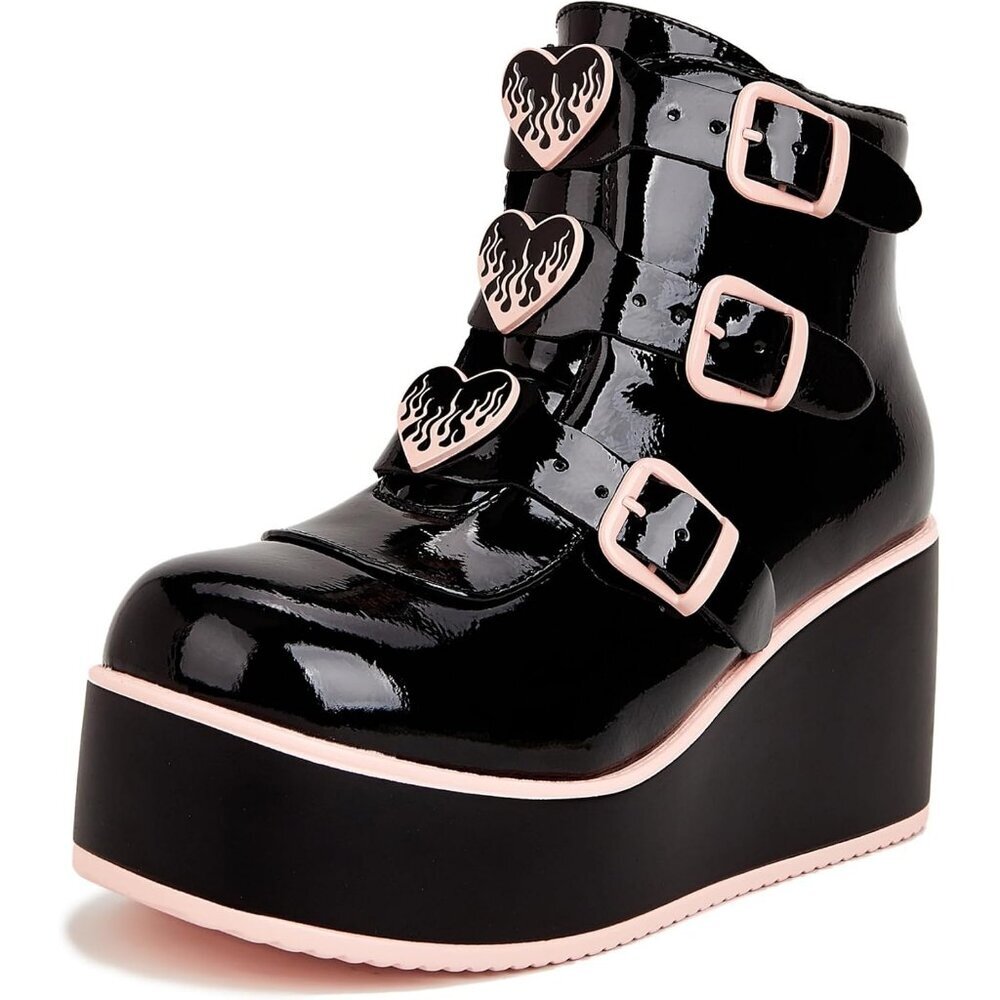 Women Black Pink Polyurethane Rave Buckle Thick Sole Platform Ankle Boots